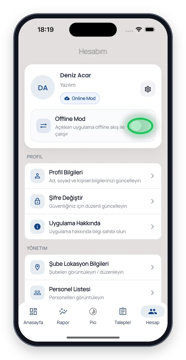 Hesap sekmesinde Offline Mod anahtarı