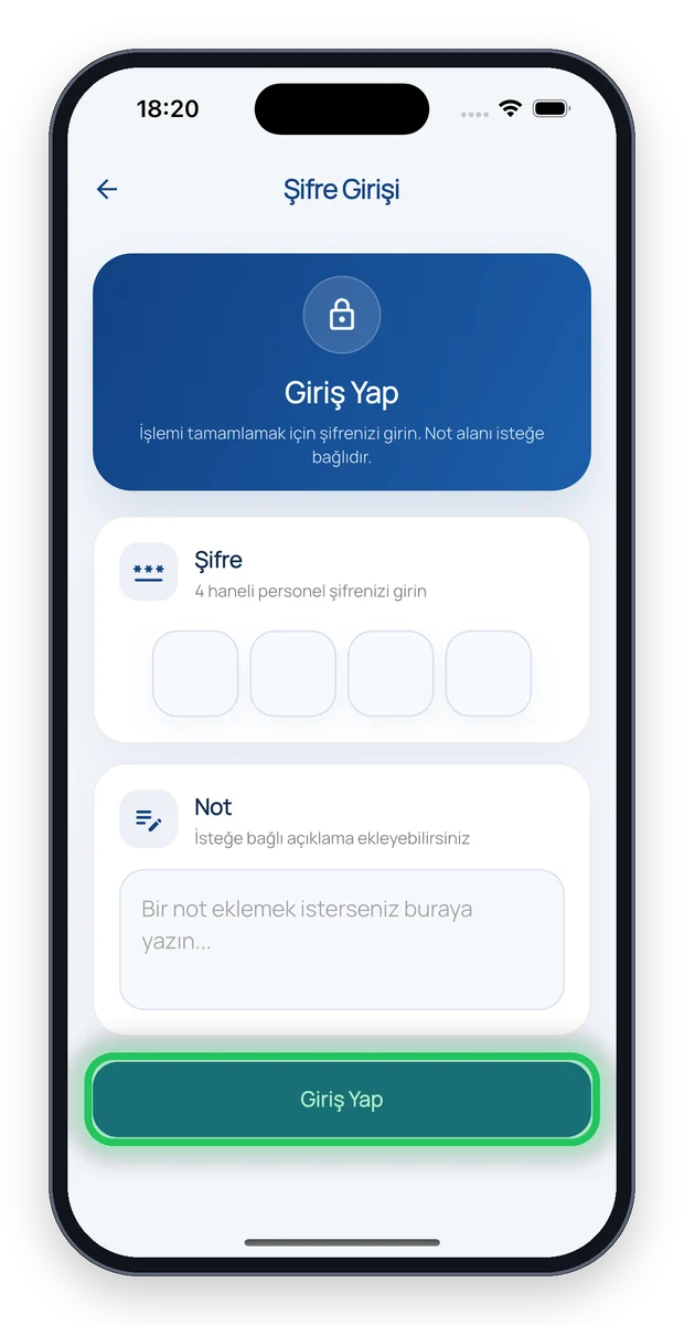 Şifre girişi ve Giriş Yap butonu
