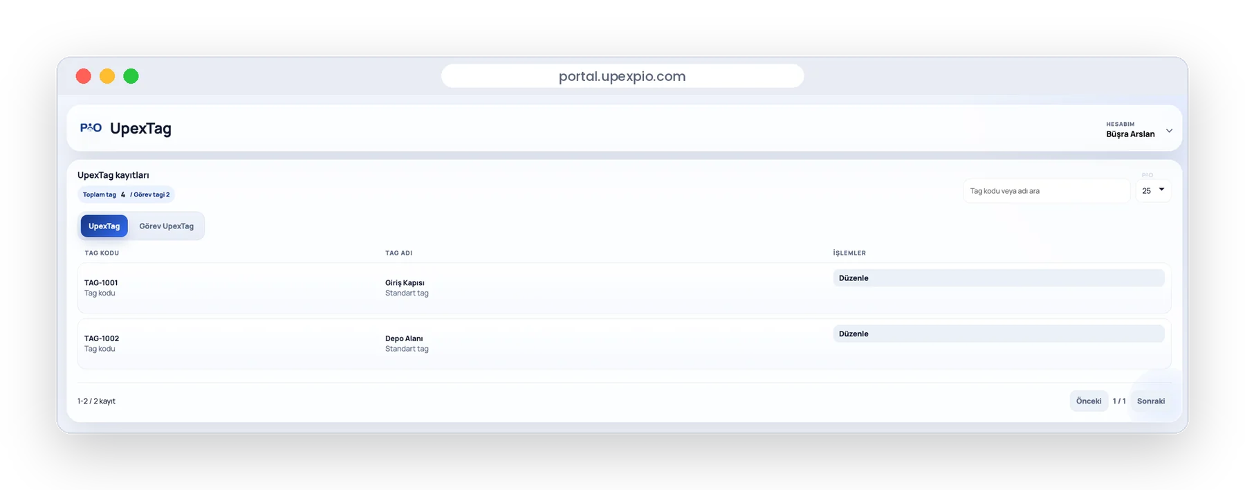 Yönetim panelinde UpexTag kayıtları